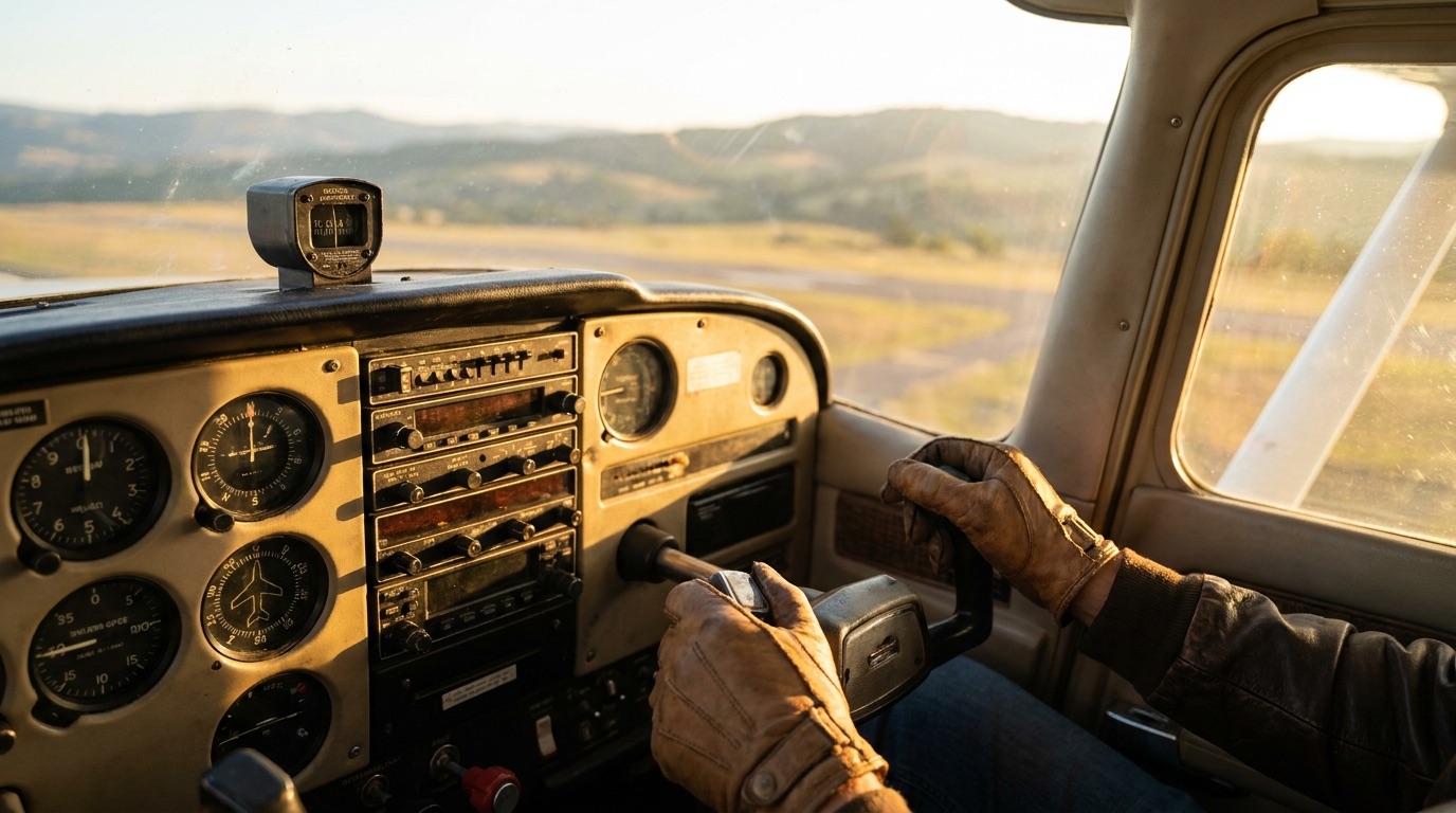 Cockpit of a single-engine aircraft at golden hour, a pilot's hands resting on the yoke