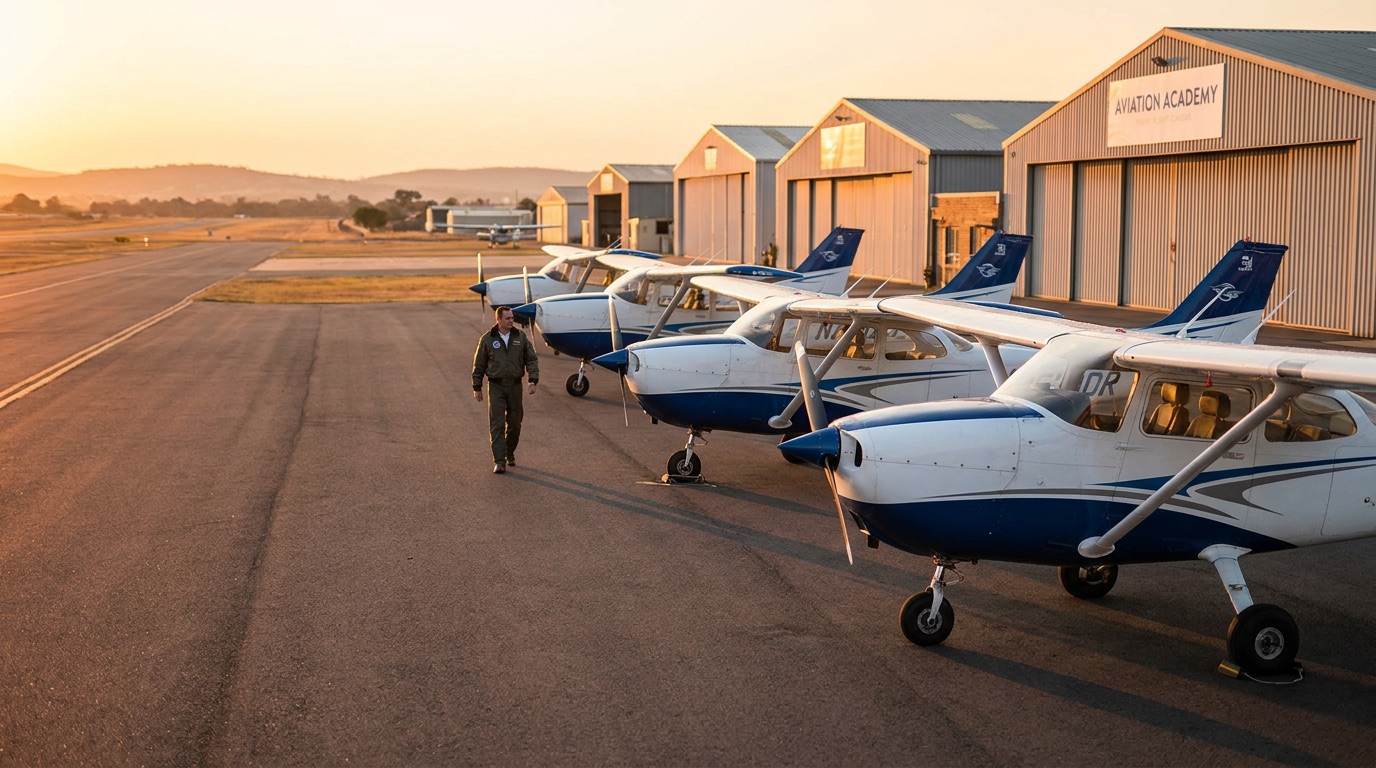 A row of single-engine training aircraft parked on a flight-school ramp at golden hour